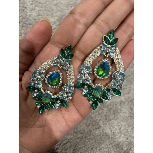 Big Blue and green earring large Emerald crystal chandelier rhinestone 2.6” - Picture 7 of 7